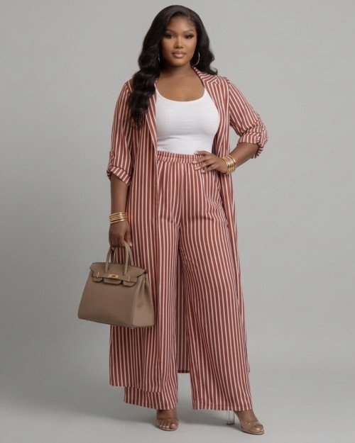 Ensemble Rayé Veste Longue et Pantalon Large