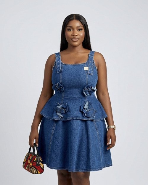 Robe Denim Peplum à Nœuds