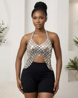 Top Halter Glow Disques Métalliques argentés