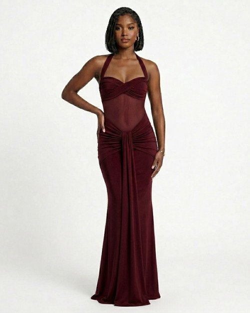 Robe Longue Drapée rouge bordeaux