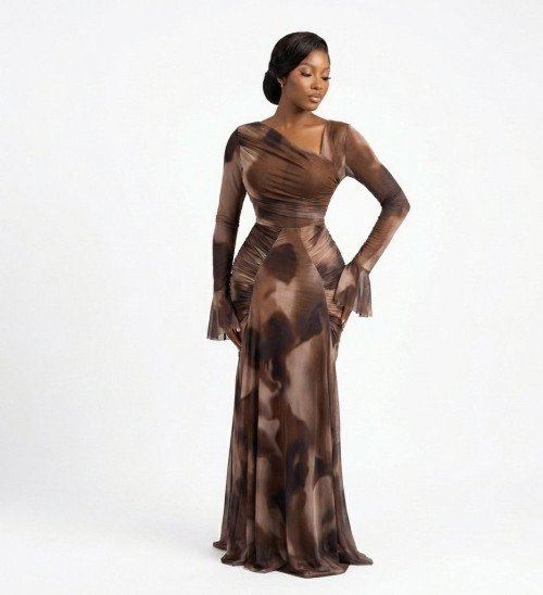 Robe Longue Froncée à Effet Marbré