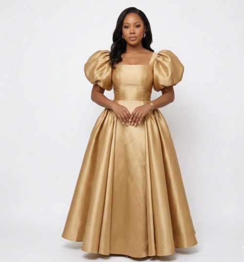 Robe Longue Satinée Or avec Col Carré