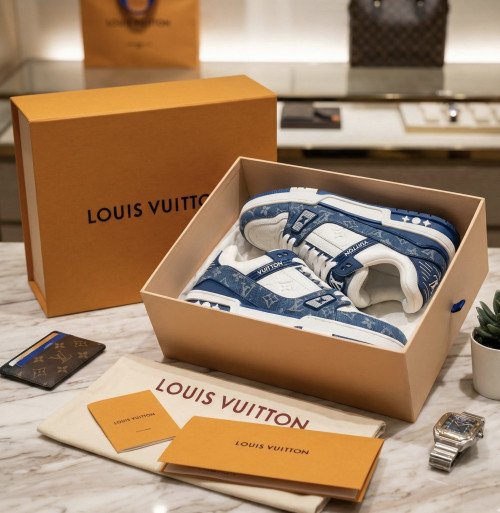 Sneakers Louis Vuitton LV Trainer en Denim Monogram Bleu et Cuir Blanc