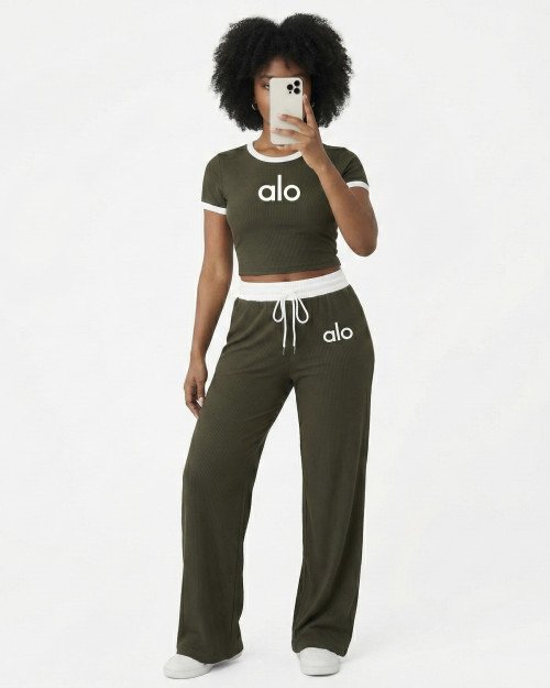 Ensemble alo vert militaire – Crop Top & Pantalon Large