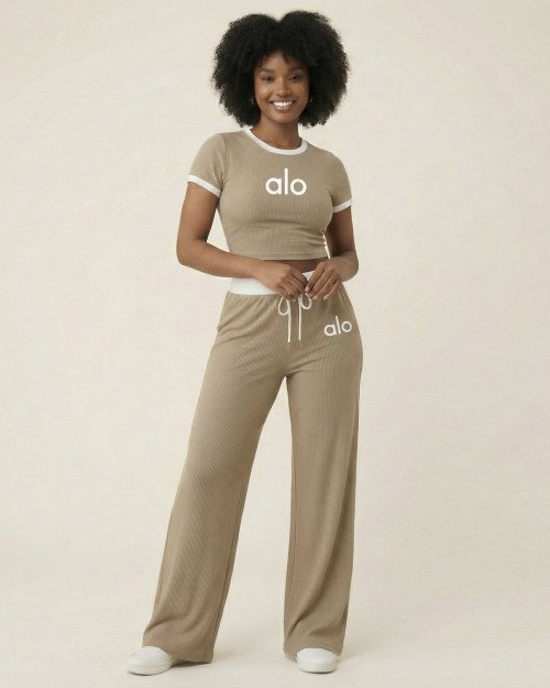 Ensemble alo couleur taupe  – Crop Top & Pantalon Large
