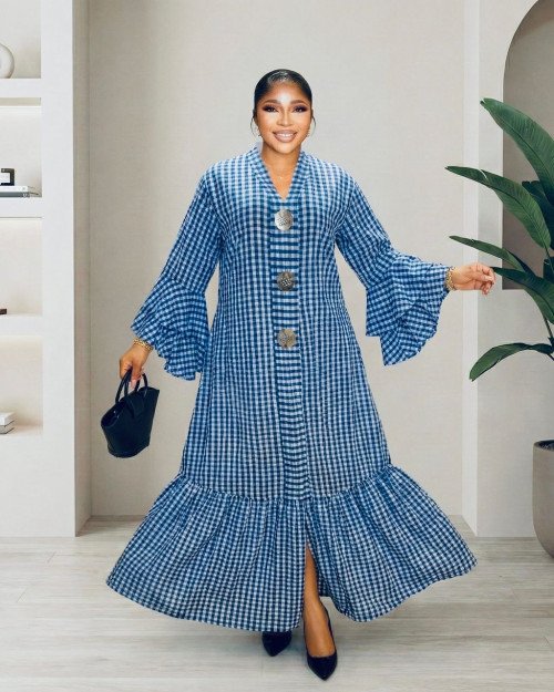 Robe longue à carreaux bleu