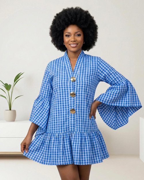 Robe courte à carreaux bleu
