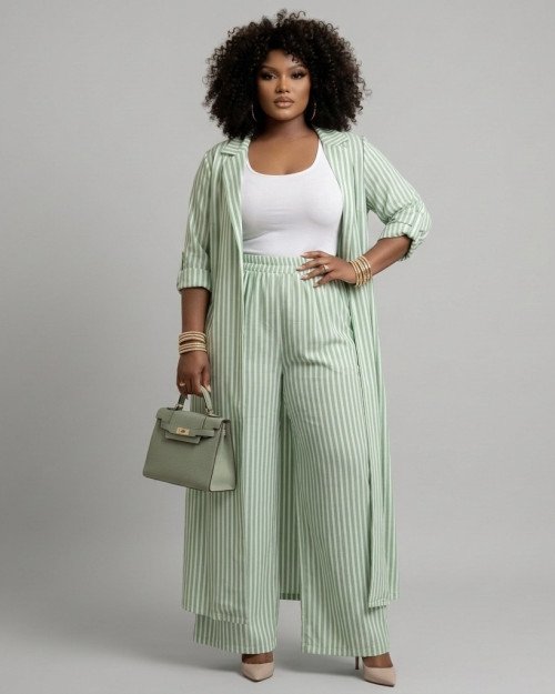 Ensemble Rayé Veste Longue et Pantalon Large