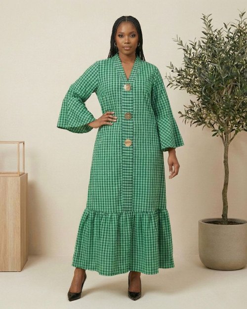 Robe longue à carreaux verte