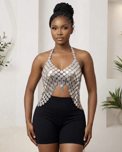 Top Halter Glow Disques Métalliques argentés