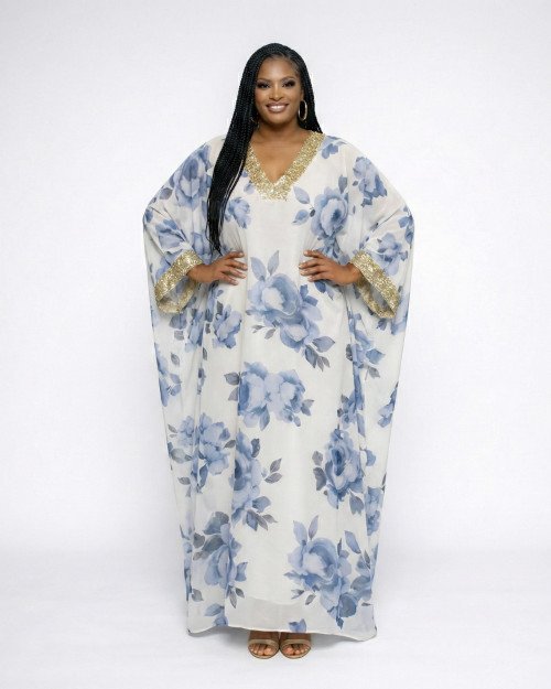 Le Caftan en Mousseline Bleu fleurie