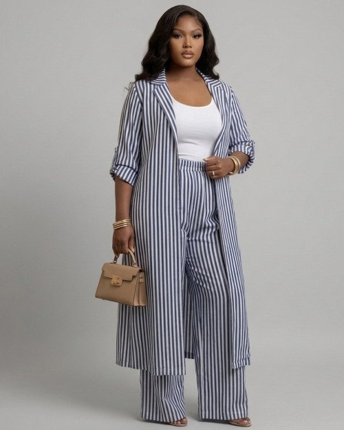 Ensemble Rayé Veste Longue et Pantalon Large