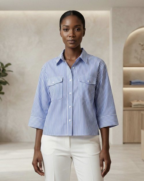 Chemise à raillures bleu manches 3/4