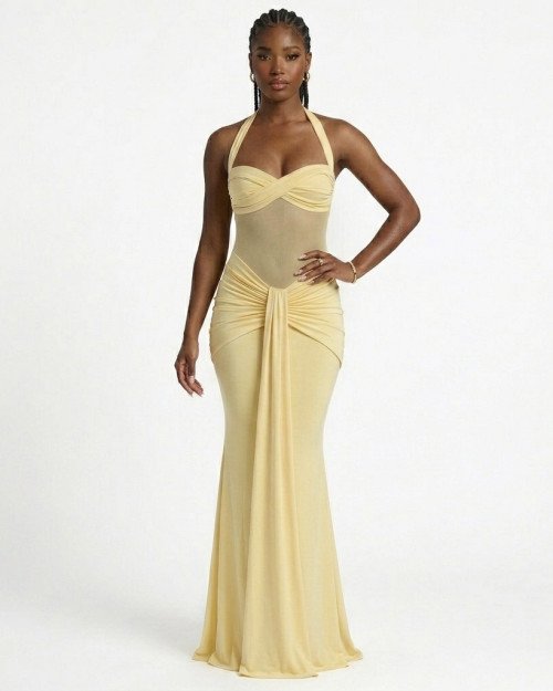 Robe Longue Drapée Jaune